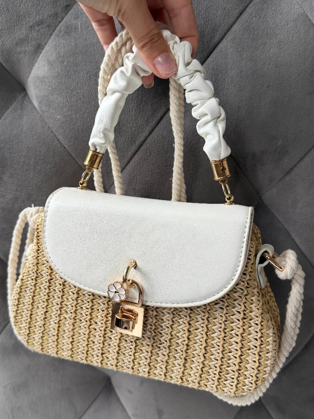 NEW White Tan Raffia Woven Top Handle Crossbody Bag
